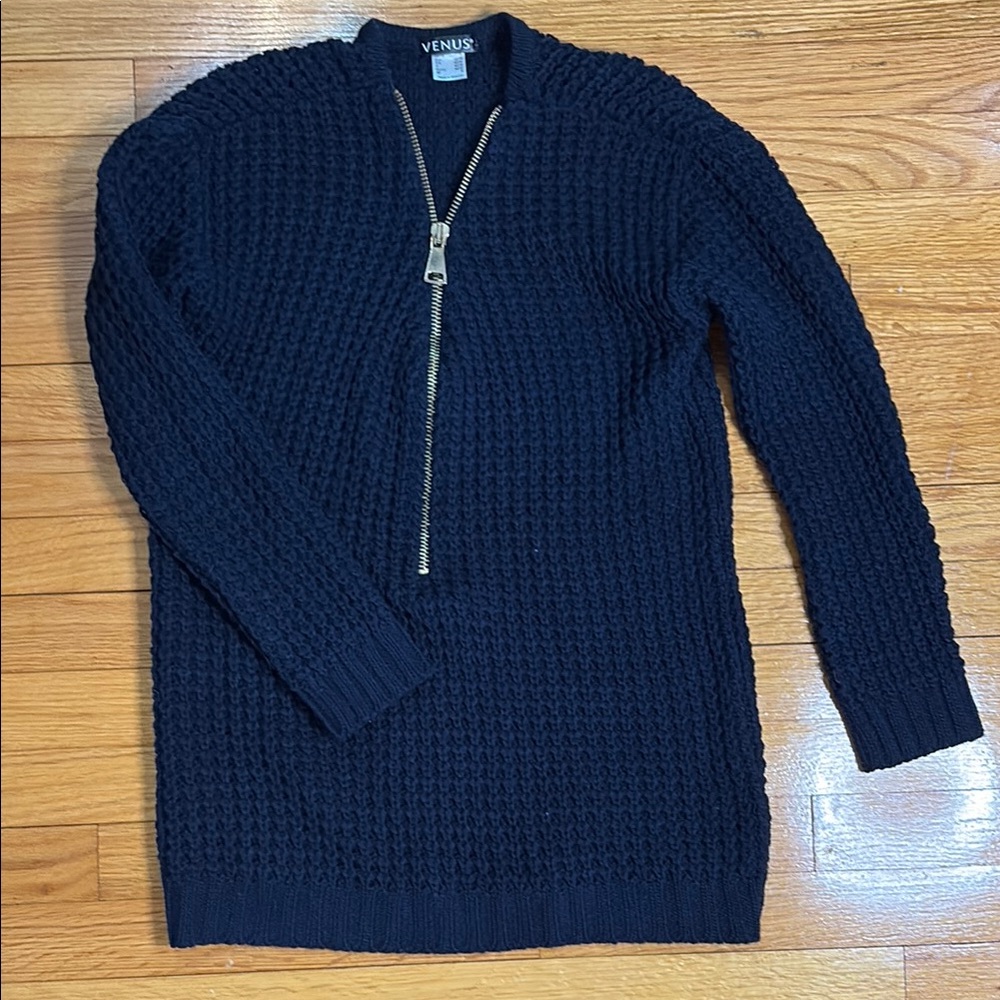 VENUS Navy Blue Zip Up Sweater with Textured Knit